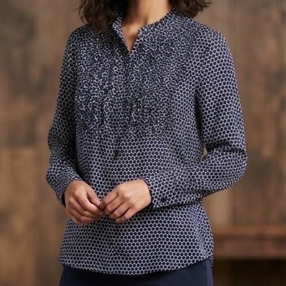 Anne Klein 100% Silk Ruffle Front Polka Dot Blouse Navy Blue 16W